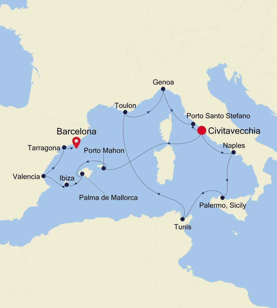 Mediterranean Special Voyage: Civitavecchia to Barcelona Itinerary Map