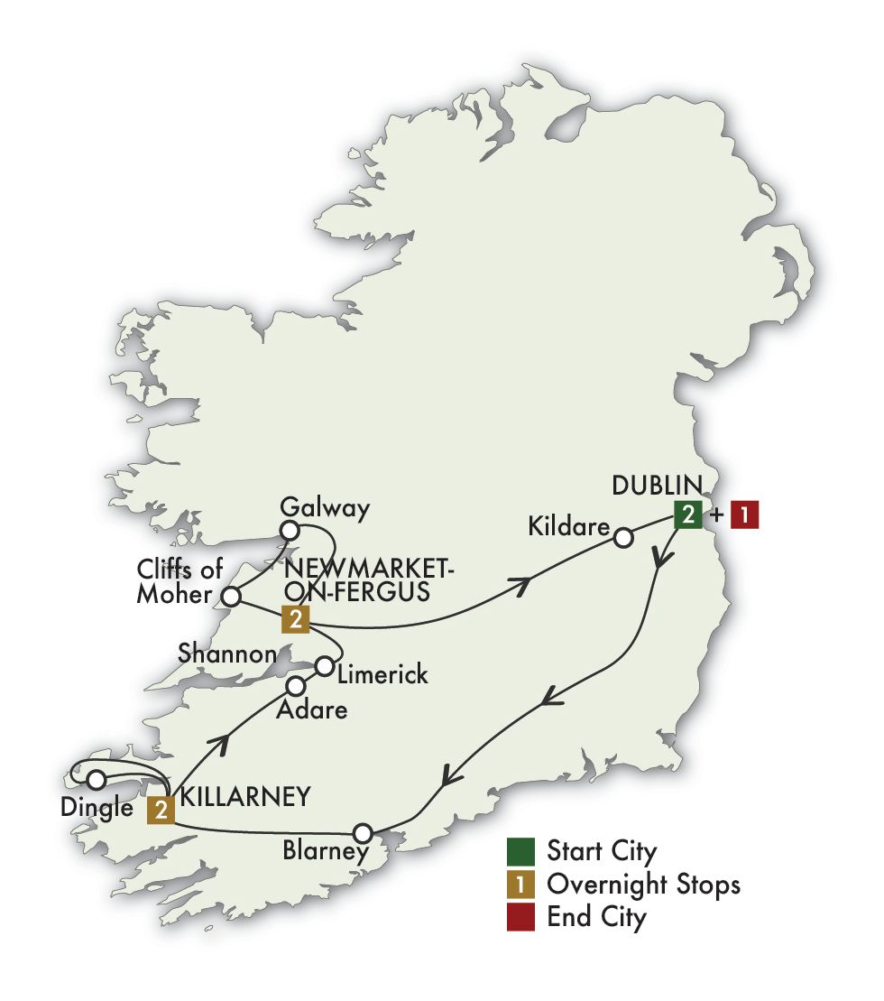 8 Day Best Of Ireland South - Tour A Itinerary Map