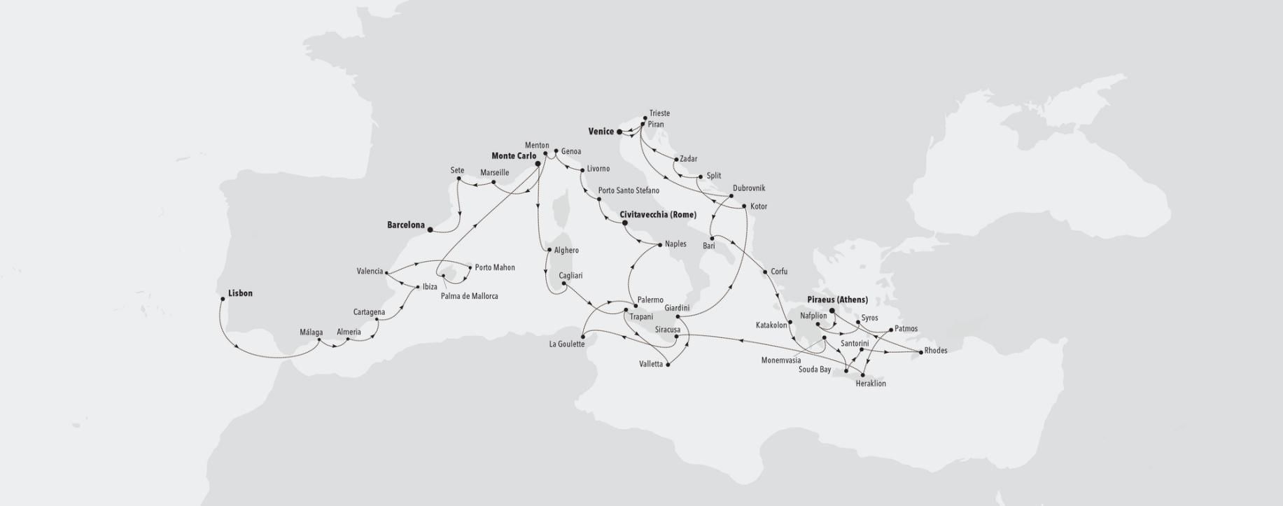 Grand Mediterranean Special Voyage: Lisbon to Barcelona Itinerary Map