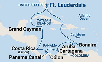 12-Day Panama Canal with Costa Rica & Caribbean Itinerary Map