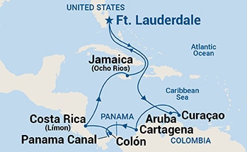12-Day Panama Canal with Costa Rica & Caribbean Holiday Itinerary Map